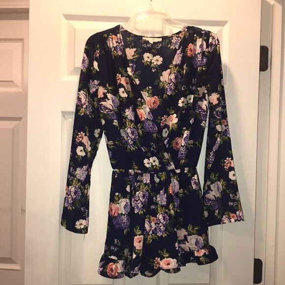 ✨Altar’d State Navy Floral Chiffon L/S romper - Picture 1 of 5